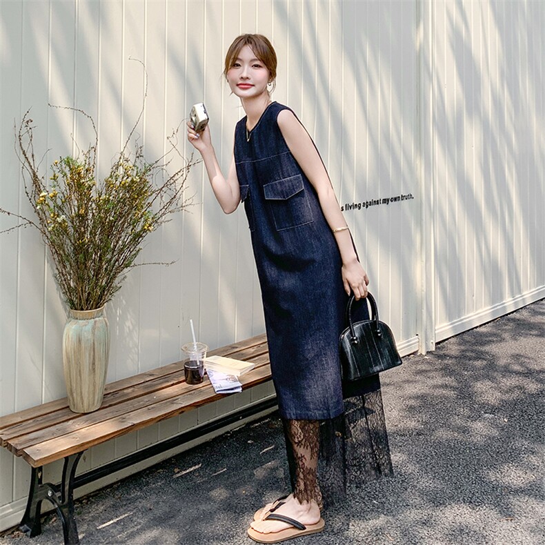 韩版蕾丝拼接无袖牛仔连衣裙女2025夏季新款宽松显瘦时尚背心长裙,女装连衣裙,2D075