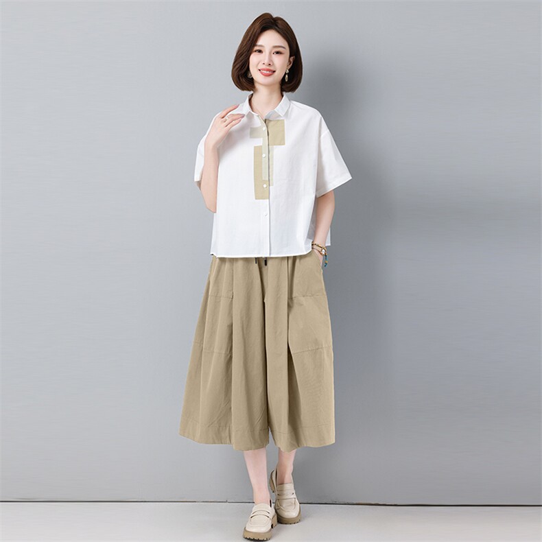 中年妈妈时尚阔腿裙裤套装女夏季2025新款宽松减休闲龄衬衫两件套,女装套装/套裙,秋牧寒烟