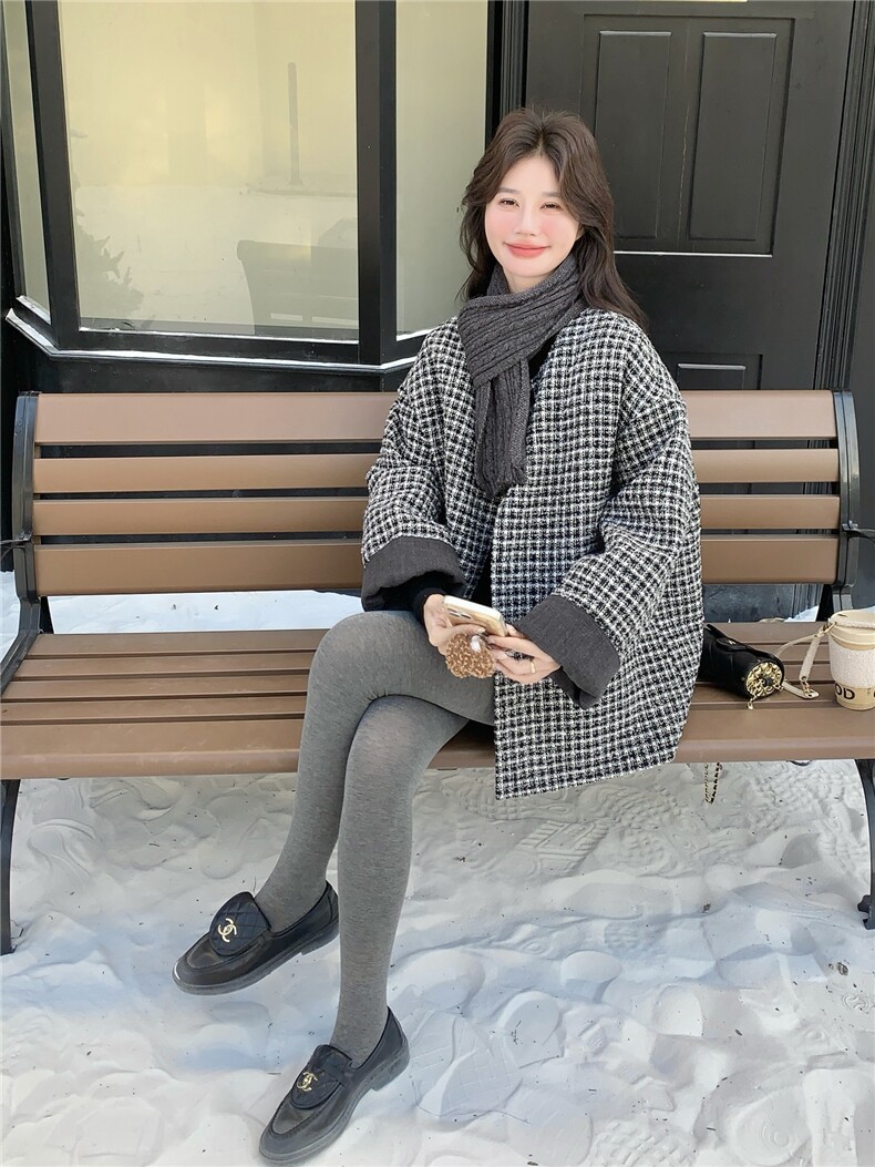 韩版通勤复古千鸟格编织中长款羽绒服女+围巾2025冬季氛围感外套,女装羽绒服,艾米莉亚