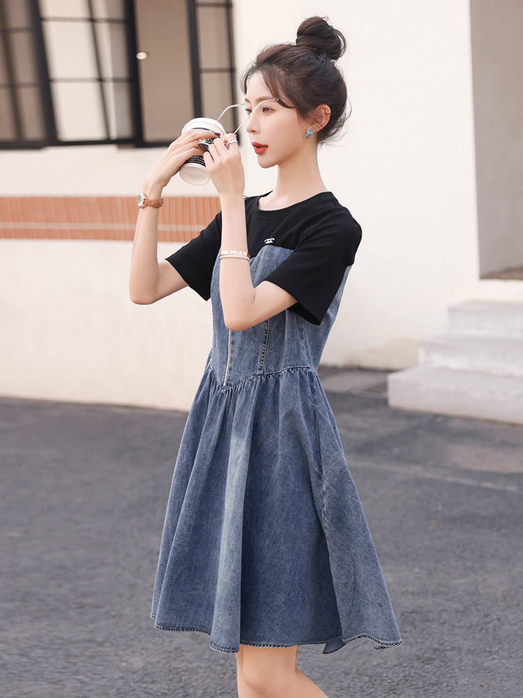 时尚显瘦牛仔拼接连衣裙修身百搭气质女装,女装连衣裙,秋水欣儿