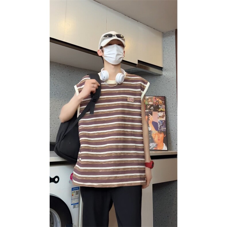 重工洗水撞色条纹毛边背心无袖T恤XB2333-P35控58,男装背心/马甲,电商B370