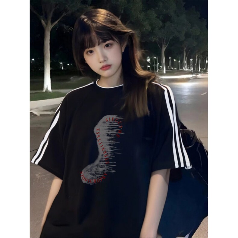 抖音得物高品质二开240克宽松纯棉美式潮牌三条杠织带短袖T恤,男装T恤,电商A486-1