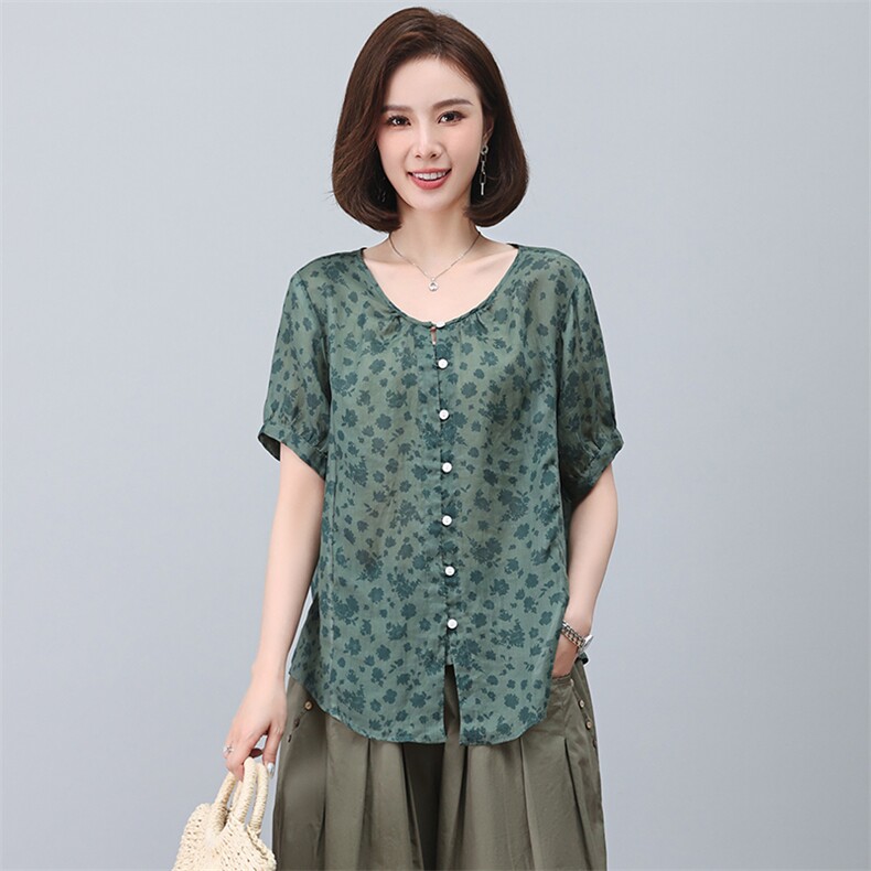 苎麻衬衫女短袖2023新款夏季碎花衬衣小个子妈妈小衫气质洋气上衣,女装衬衫,忆绮罗