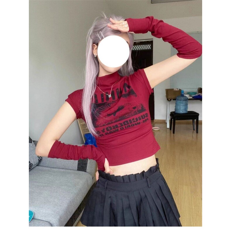 H0507-p30【带袖套】美式立领印花T恤女辣妹修身显瘦百搭短款上衣，女装T恤，星座617A-2