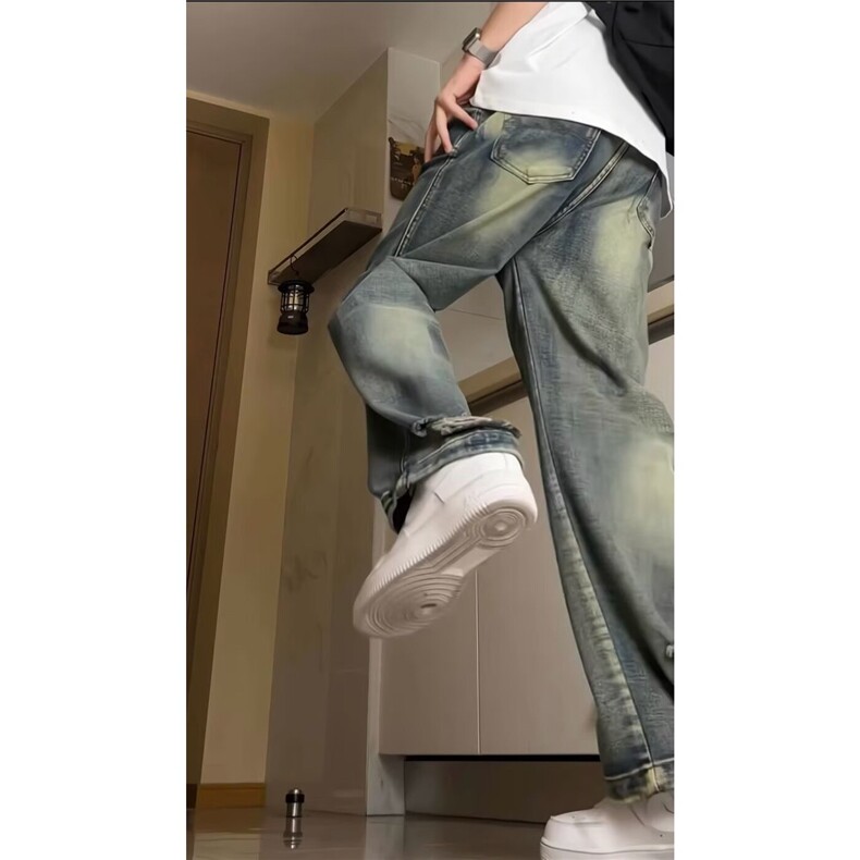 水洗做旧渐变牛仔裤男夏季薄款宽松直筒微喇裤潮牌高个子加长裤子,男装牛仔裤,星座1210-1