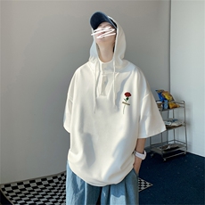 夏季港风冰丝宽松连帽短袖t恤五分体恤上衣TLM56-P40控58，男装T恤，电商B370