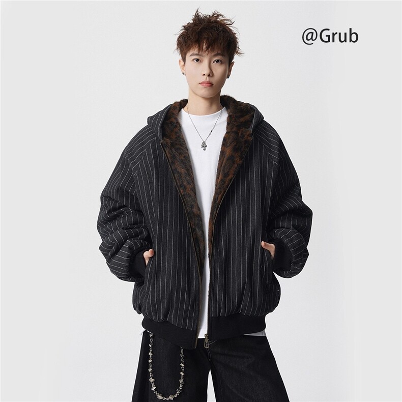 加绒加厚冬款男女连帽豹纹棉衣条纹棉袄保暖面包服MY5039 P105图片