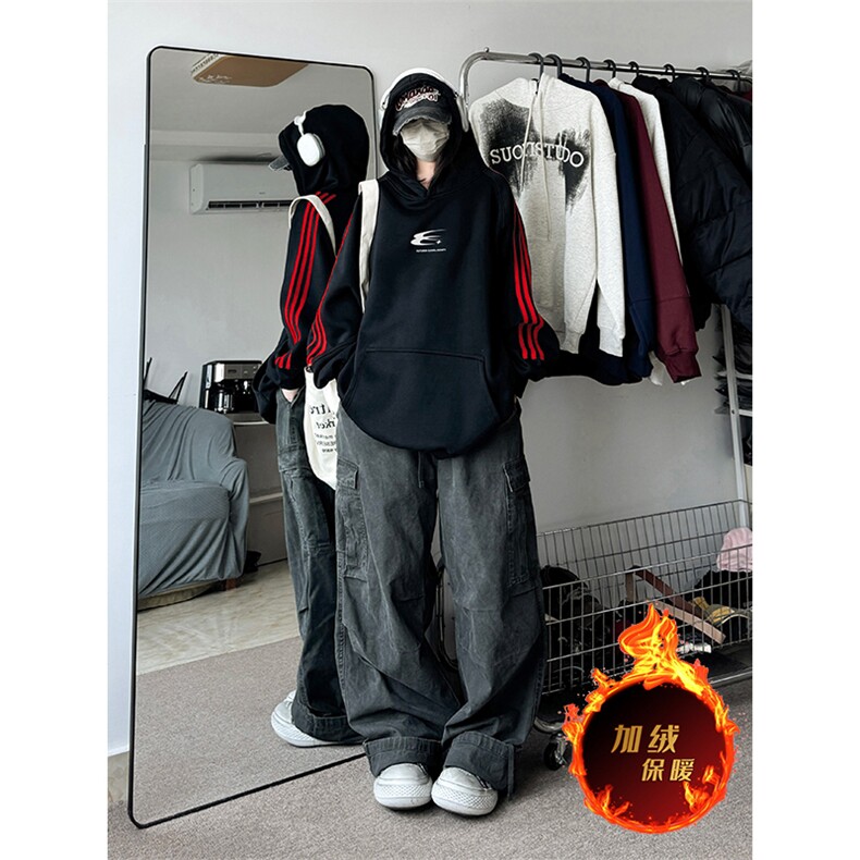 抖音得物供货提供视频秋冬重磅美式宽松织带连帽卫衣2304,男装卫衣,电商A486