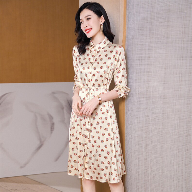 杭州重磅真丝连衣裙女夏季2026新款碎花裙中长款缎面真丝衬衫裙,女装连衣裙,阿舍尔精品