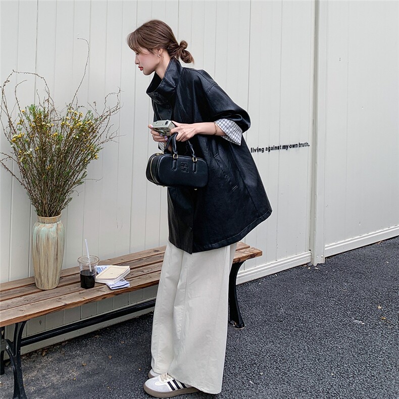 高级感单排扣皮衣风衣外套女2025秋季新款超火流行复古宽松大衣潮,女装皮衣,2C275