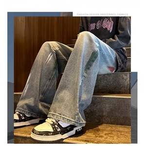 美式复古蓝牛仔裤男春秋设计感刷漆破洞水洗裤子宽松直筒阔腿长裤图片