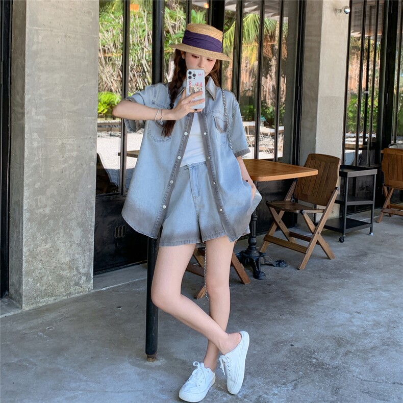 韩版休闲牛仔外套短裤两件套女夏2025新款设计感时尚宽松洋气套装,女装套装/套裙,2C159