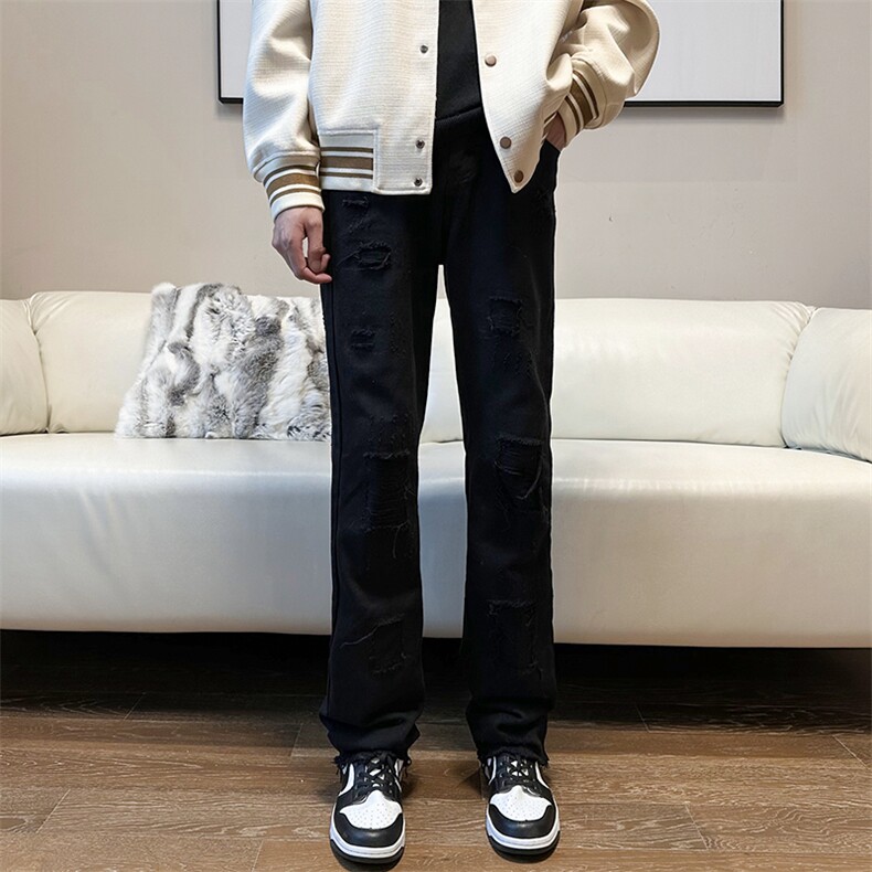 美式复古水洗假破洞牛仔裤高街潮牌宽松显瘦直筒阔腿长裤087/P48，男装牛仔裤，星座1412-1