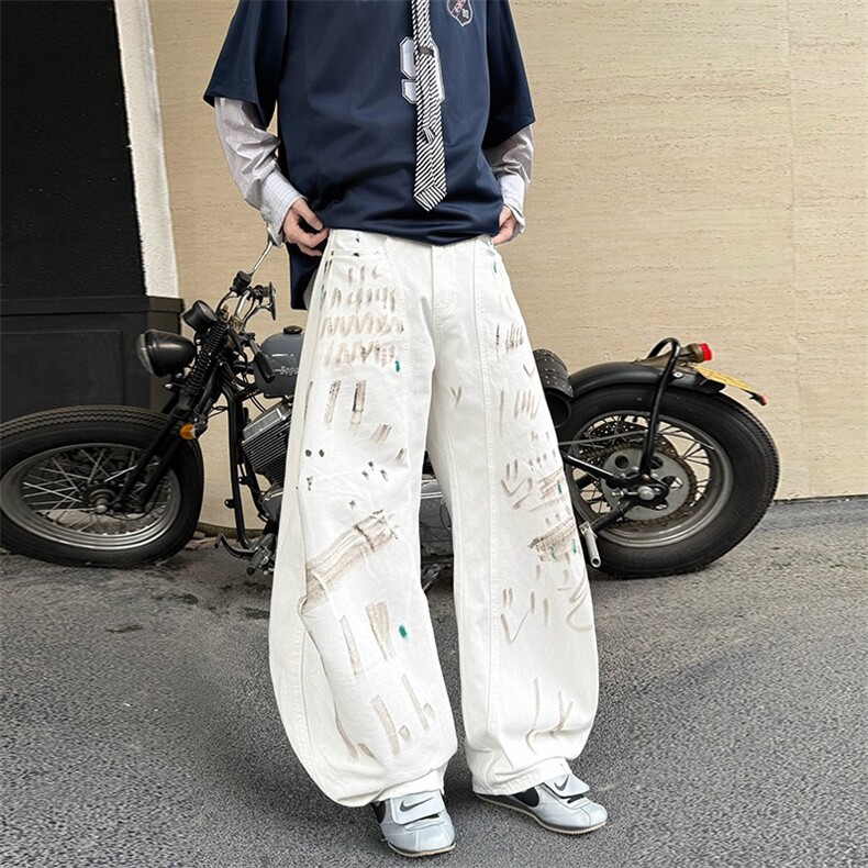 美式潮牌手绘白牛仔库男女直筒春夏时尚复古宽松弯刀裤,男装休闲裤,星座506A