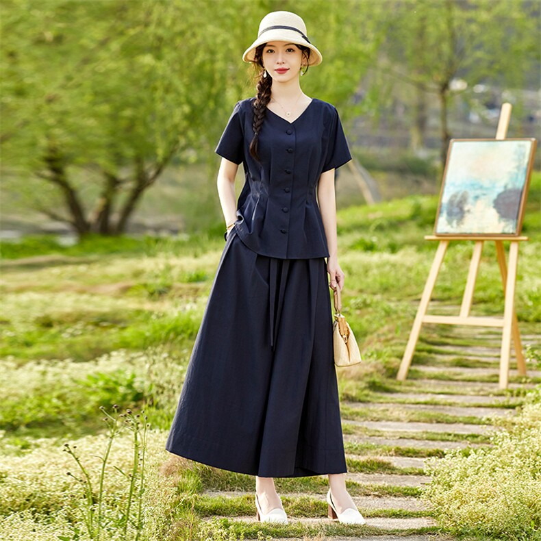 欧货棉麻休闲套装女2026夏装新款时尚洋气收腰显瘦阔腿裙裤两件套,女装套装/套裙,水衣源