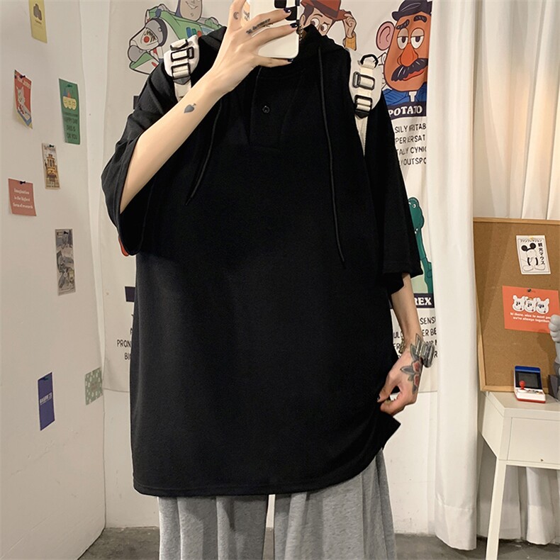 LD54099-P45连帽短袖t恤男大码胖子带帽五分袖中袖海报风,男装T恤,电商A040