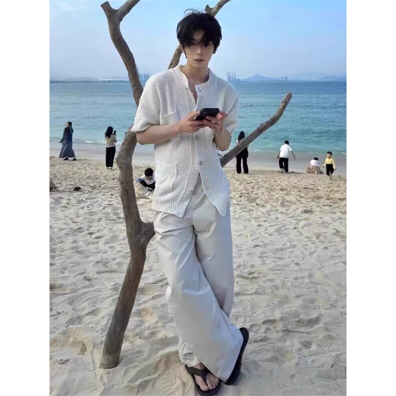 夏季日系小清新镂空针织短袖衬衫男多口袋设计感宽松衬衣t恤开衫,男装针织衫/毛衣,星座506A