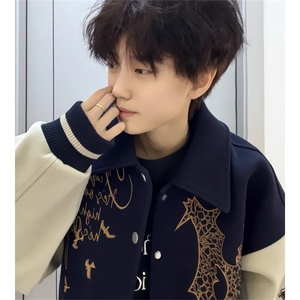 复古拼接刺绣棒球服外套男秋冬季设计感百搭情侣夹克 JF813图片