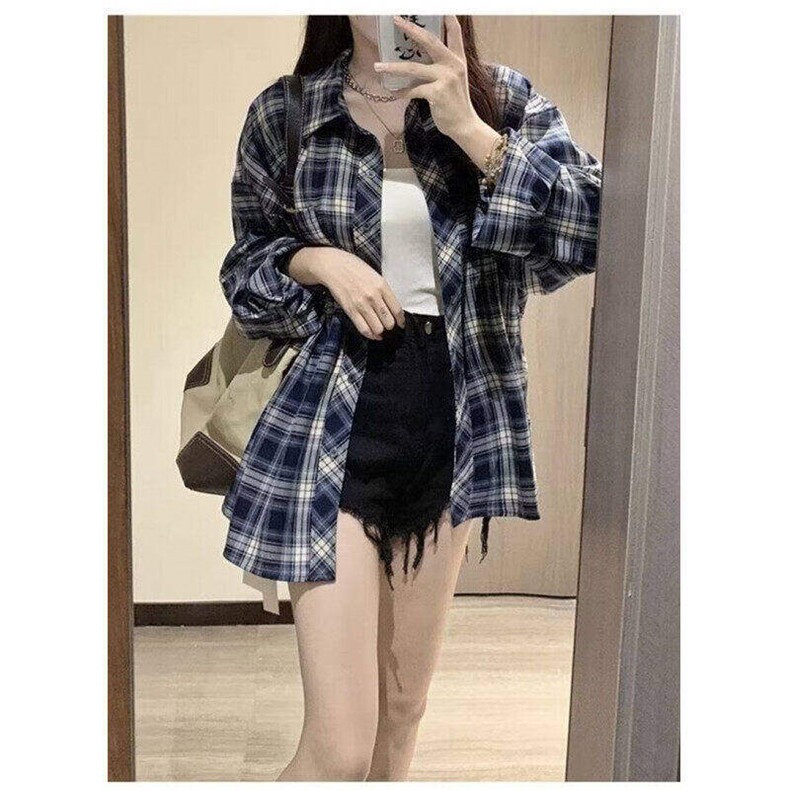 新款日系穿搭复古格子衬衫男女宽松休闲潮长袖衬衣外套LM1255-P35,男装衬衫,星座1008