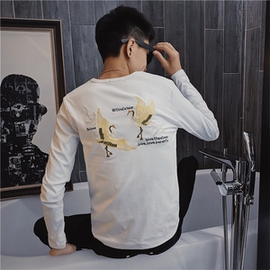 1秋季长袖修身T恤仙鹤刺绣社会小伙韩版潮男打底衫C301B-CT15-P45图片