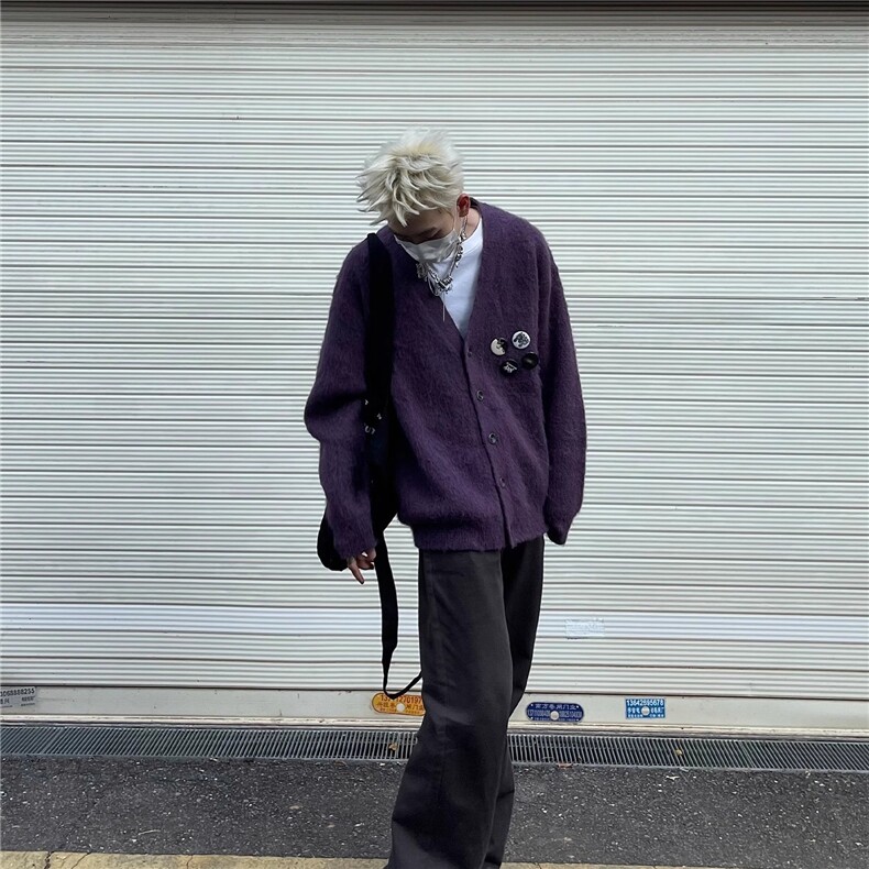 高级感紫色百搭V领针织开衫男女秋冬新款胸针宽松慵懒风毛衣外套,男装针织衫/毛衣,星座1210-1