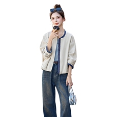 复古牛仔拼接圆领棒球服外套女2025秋季新款宽松休闲短款夹克外套，女装短外套，衣佳和