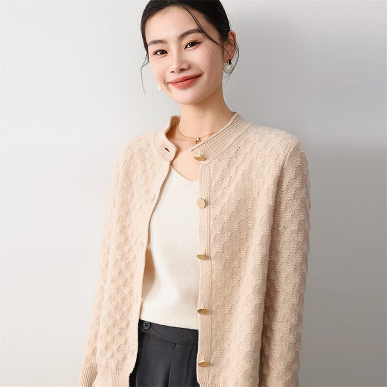 2024秋季新款圆领长袖单排扣菠萝针开衫通勤百搭,女装羊毛衫,琳尚羊绒