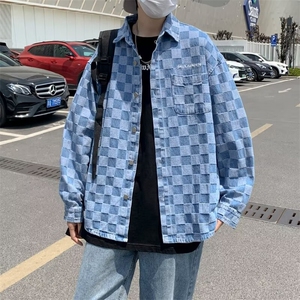 潮牌复古港风工装格子牛仔夹克男潮流韩版棋盘格外套男生B50/P55图片