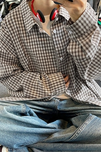 特批P36无差价2025春小格子长袖衬衫男女中性风宽松衬衣上衣C5455图片