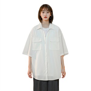 C3070/P35新款中性风冰丝工装多口袋短袖衬衣男女潮大码外套衬衫图片