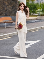 现货2026夏季新款轻熟老钱风V领马甲蕾丝拼接阔腿裤两件套套装，女装套装/套裙，伊仟回