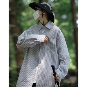 盐系衬衫雾霾蓝轻熟风男装搭配春秋穿搭ins超火服条纹衬衣-C3005图片