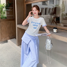 2025夏季韩系休闲慵懒松弛感淡人套装白色字母上衣条纹阔腿裤套装，女装套装/套裙，2C088