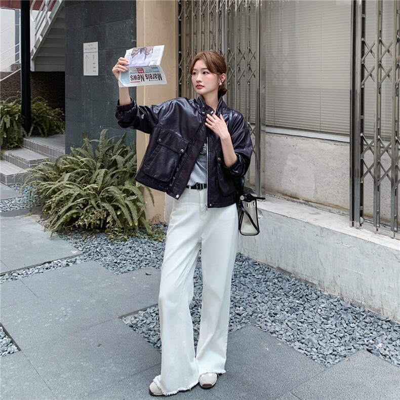 黑色pu皮衣春秋季新款女装正肩小翻领机车显瘦气质短外套韩版时尚,女装短外套,意芙