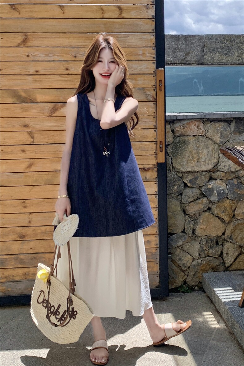 2026新款牛仔设计感拼接无袖连衣裙女新款韩系宽松休闲背心裙长裙,女装连衣裙,艾米莉亚