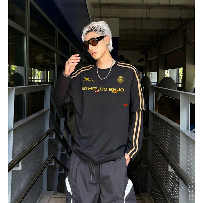 抖音得物式高街重磅结构织带假两件双纱纯棉印花长袖T恤AW10301,男装T恤,电商A443