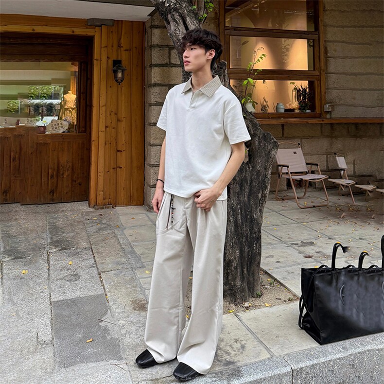 得物抖音高品质二开夏季美式潮牌假两件格子衬衫翻领高街短袖T恤,男装T恤,电商A486
