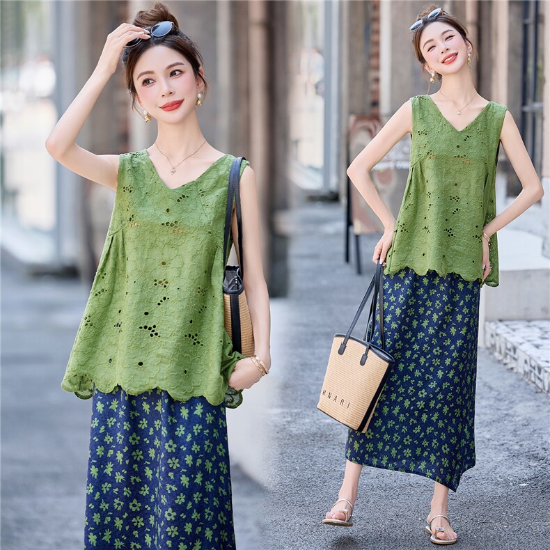 2025夏装新款气质无袖V领两件套，女装套装/套裙，曼琳思菲