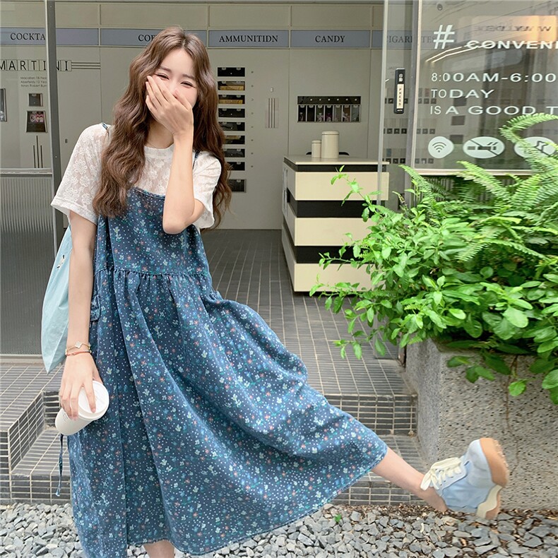 法式碎花拼接吊带裙套装女2025夏季新款时尚蕾丝绣花短袖两件套,女装套装/套裙,2C262