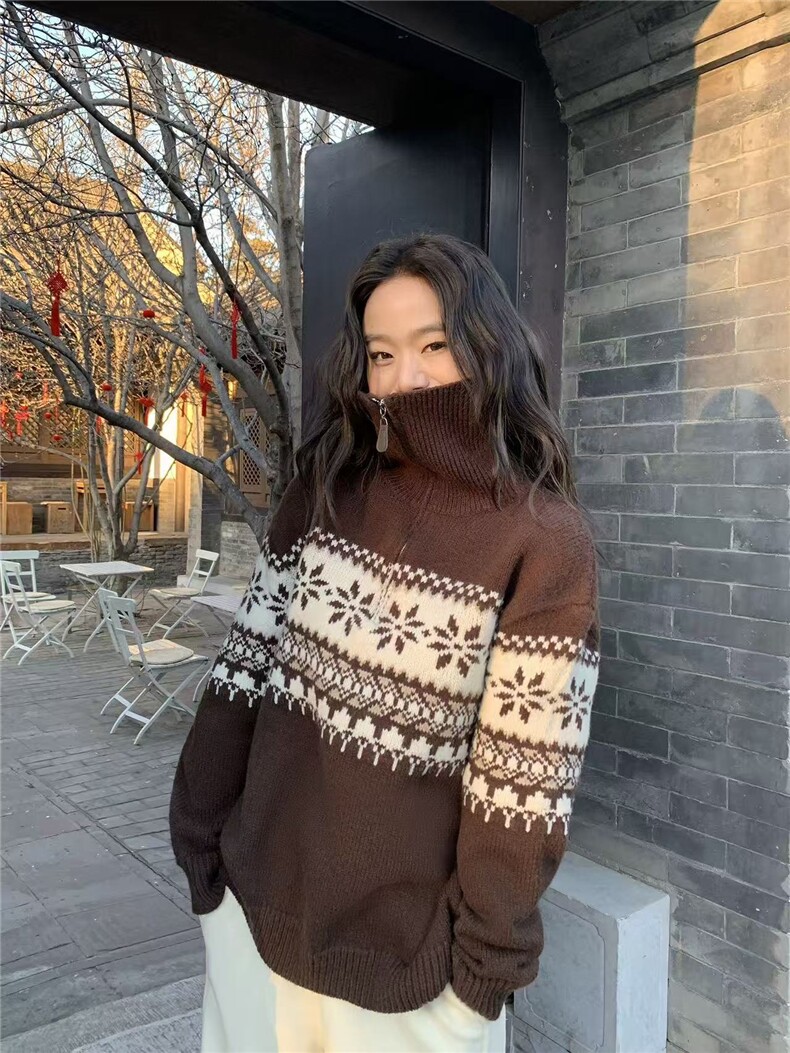 2025年秋季雪花半拉链翻领时尚百搭通勤简约休闲,女装羊毛衫,悦玛羊绒