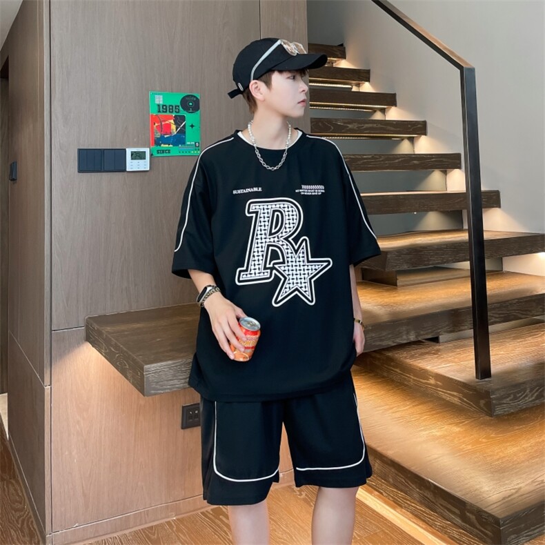 2023夏季华夫格套装男短袖T恤裤子两件套情侣装潮流男装TZ352P60，男装休闲套装，电商A086