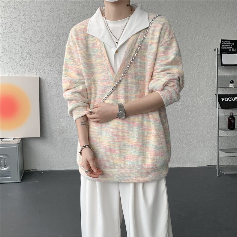 美式男士卫衣慵懒风彩点假两件翻领毛衣外衣宽松休闲针织衫，男装针织衫/毛衣，电商B319