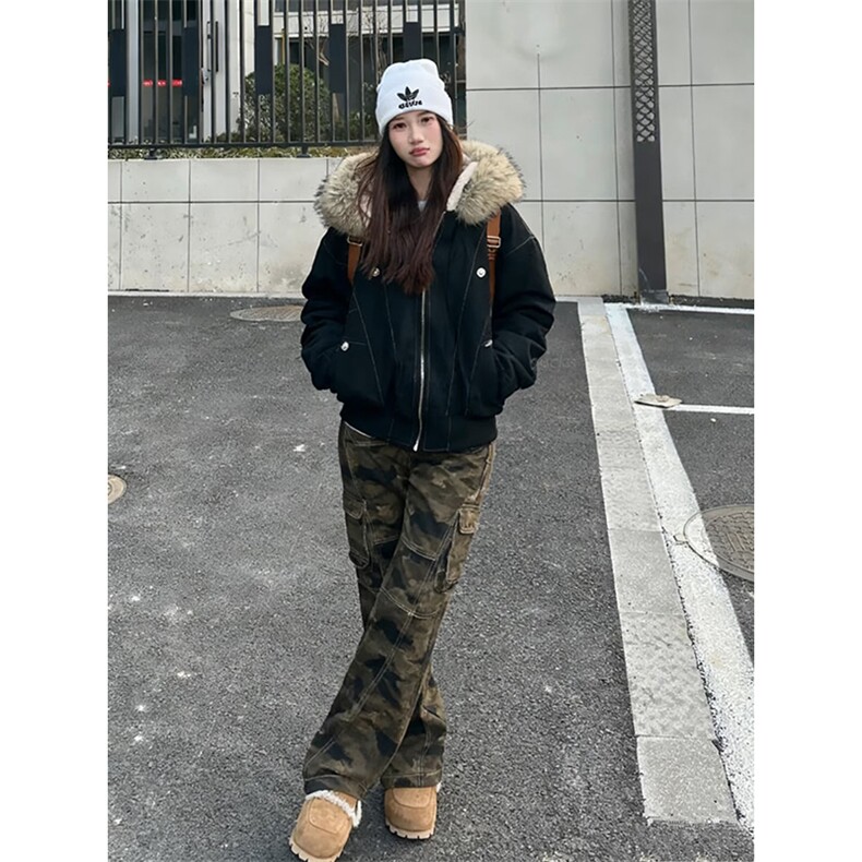 现货重磅boxy短款棉衣座山雕大毛毛领男女棉服水洗工装厚外套,男装棉衣,电商A486-1