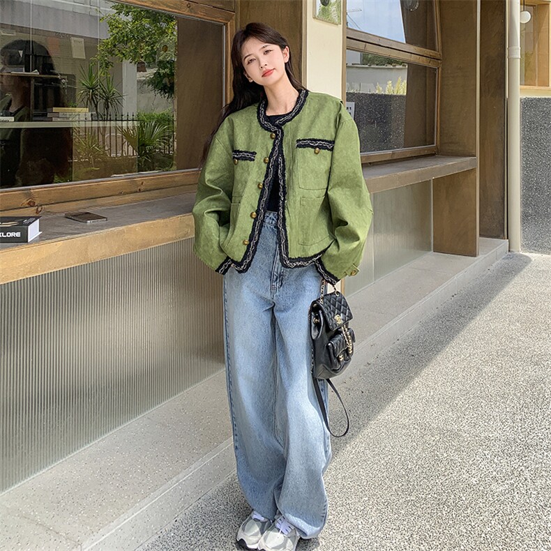 气质感绿色小香风短外套女春秋2025新款超火好看高级小众夹克上衣,女装短外套,2C327