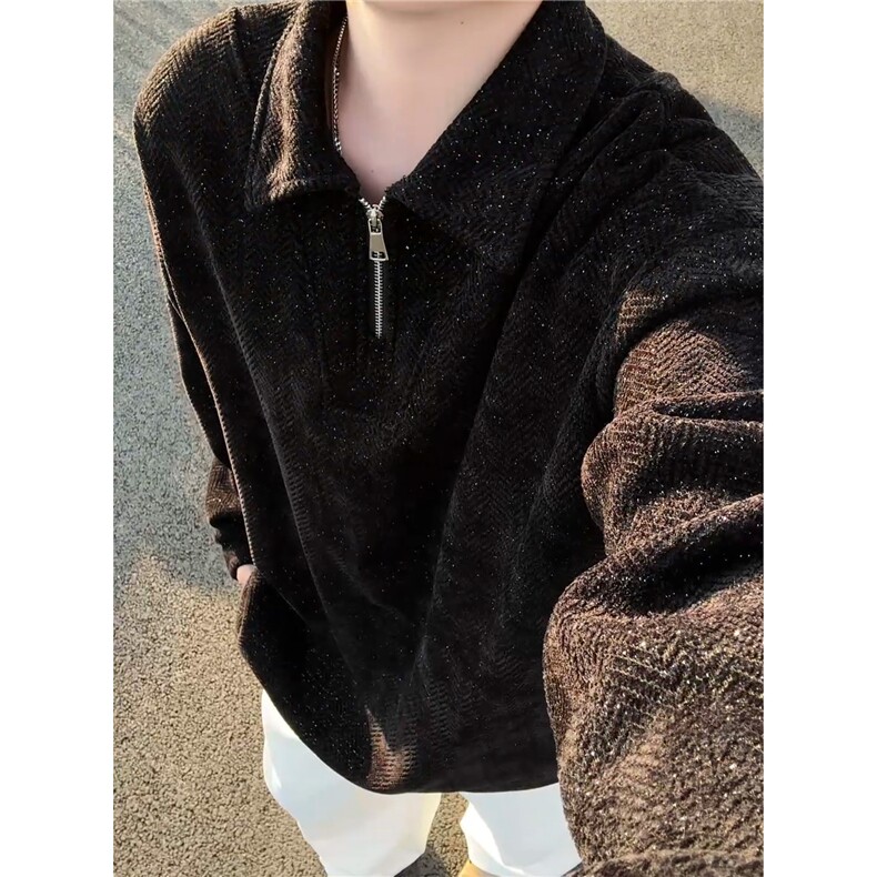 雪尼尔满天星半拉链翻领卫衣大码高级Polo衫外套LW610特P50加绒60,男装Polo衫,电商B215