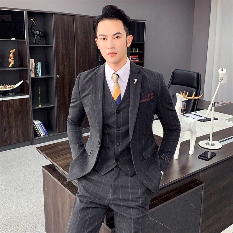 秋冬新款条纹西服套装男三件套西装修身刺绣小西装A470-TZ19,男装西服套装,电商A207