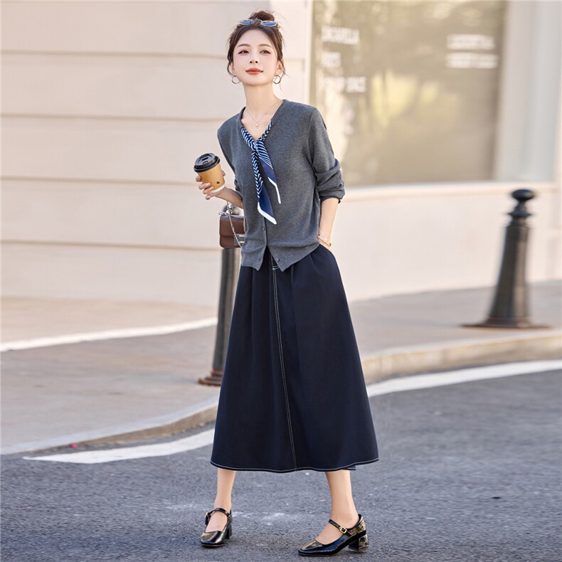韩系慵懒松弛感针织开衫丝巾领吊带裙套装2025新女秋牛仔裙两件套,女装套装/套裙,意芙