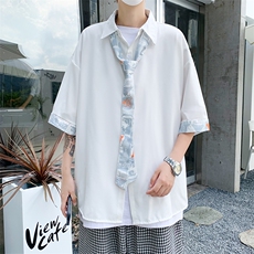 送领带衬衫男韩版潮流短袖拼色2022夏季新款ins宽松外套W2966-P32，男装衬衫，星座412-2