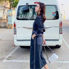 连衣裙方领中腰通勤纯色韩版一步裙2021年春季纽扣，女装连衣裙，秋水欣儿