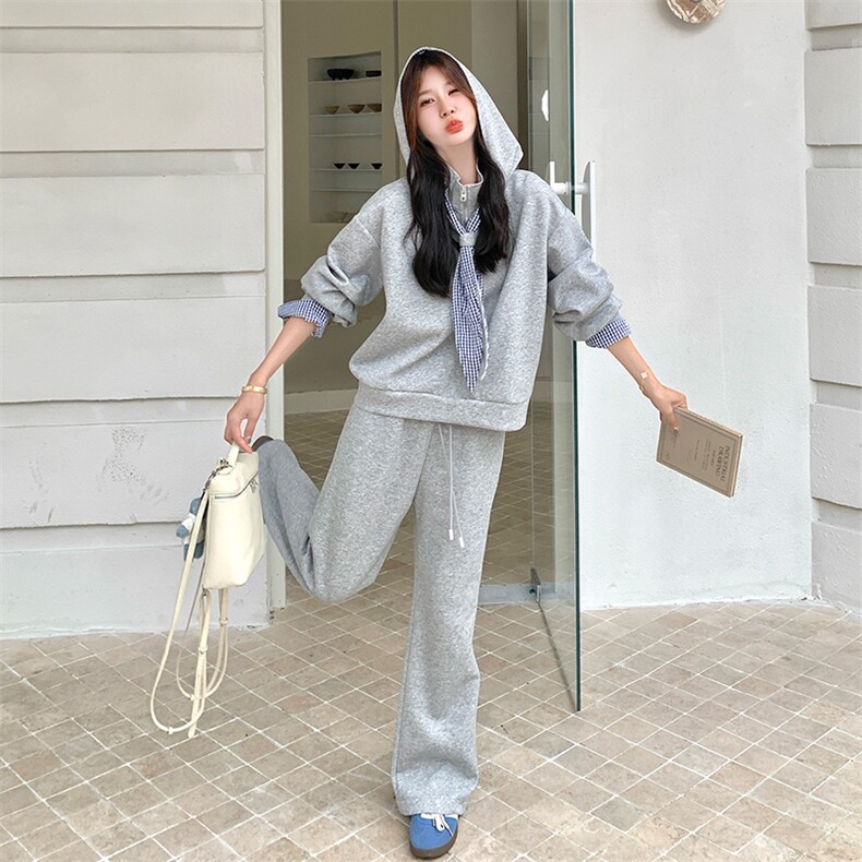 可拆卸连帽卫衣套装女2025春秋新款韩系小个子格子拼接卫裤两件套,女装套装/套裙,2C317A
